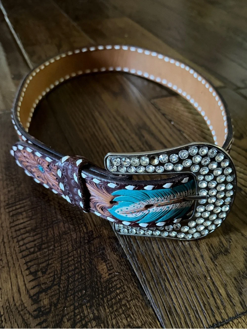 HUE NGUYEN Western Rhinestone Feather Belt - Turquoise & Brown 32